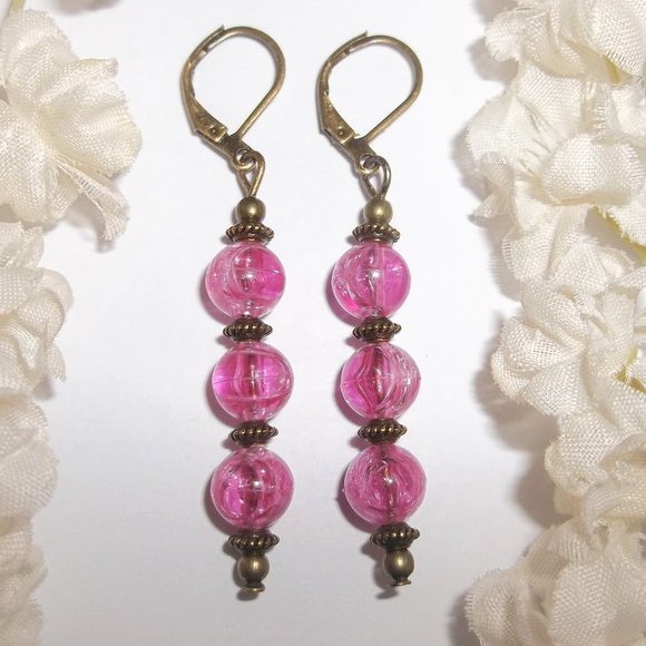 Boho Earrings Fashion Accessory Jewelry Pink and Bronze Gift Idea for Her 6935 - Picture 1 of 7